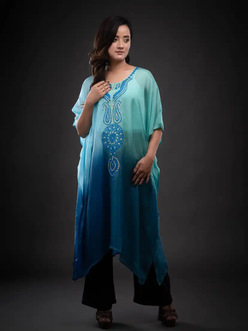 Embellished Embroidered Batwing Sleeve Kaftan Dress